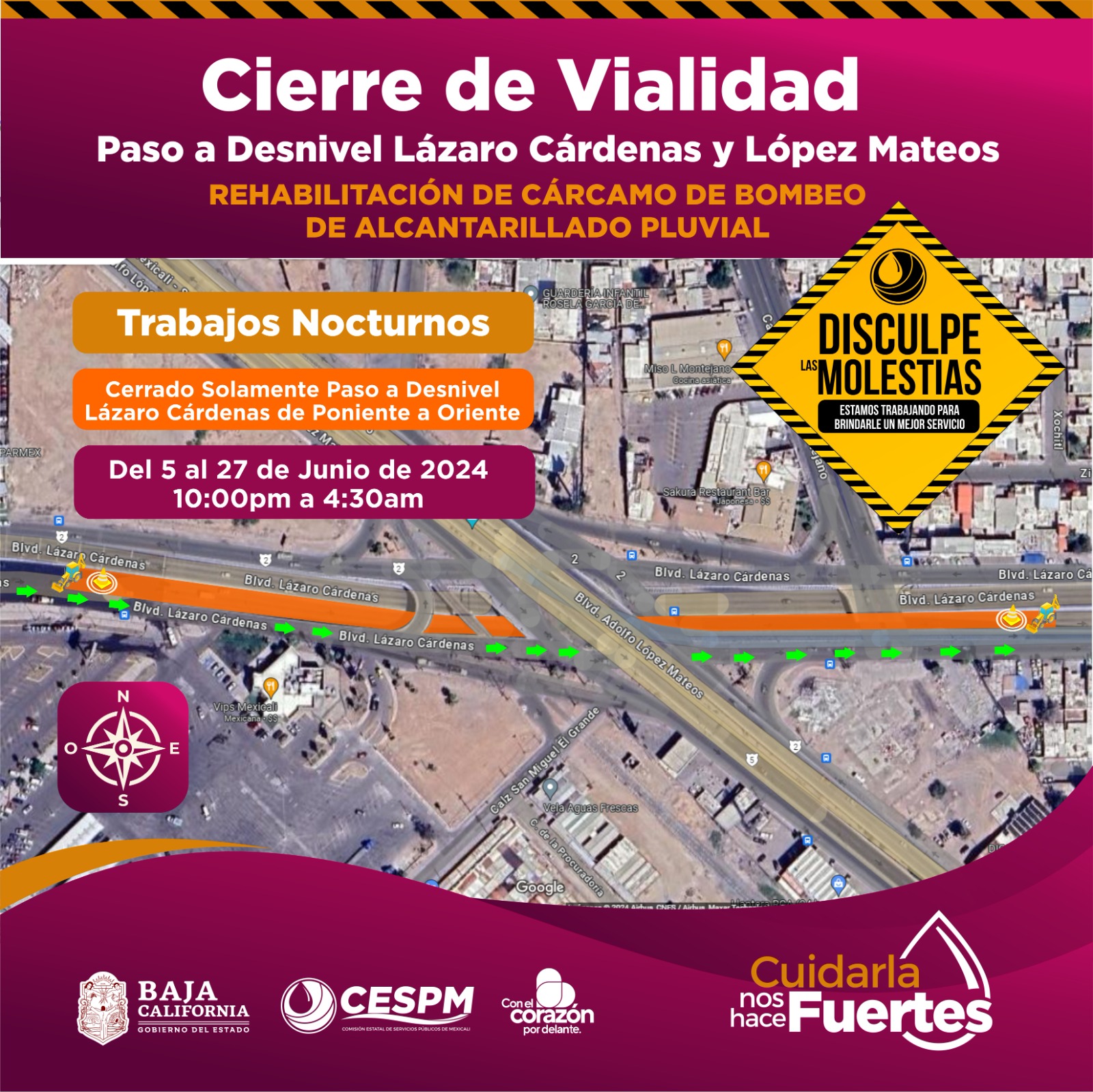 ANUNCIA CESPM CIERRE NOCTURNO DE PASO A DESNIVEL LÁZARO CÁRDENAS POR TRABAJOS DE REHABILITACIÓN 