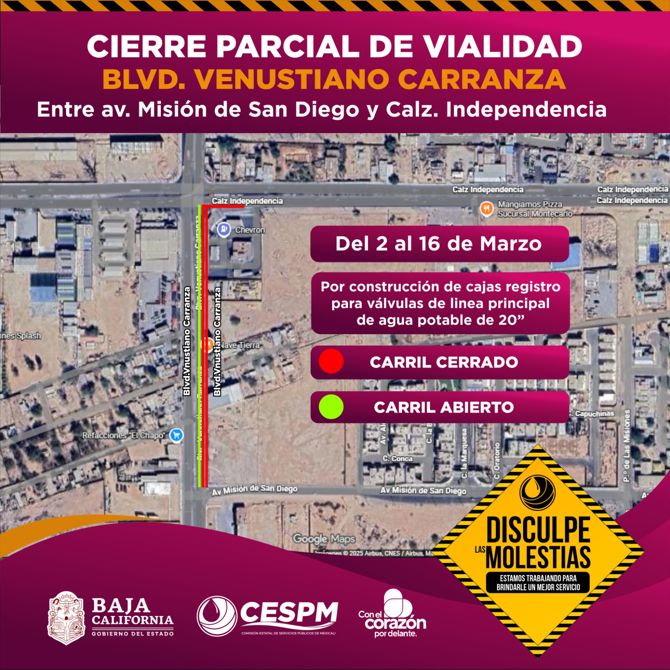 CESPM ANUNCIA CIERRE PARCIAL DE VIALIDAD EN BOULEVARD VENUSTIANO CARRANZA POR OBRAS EN LÍNEA DE AGUA POTABLE
