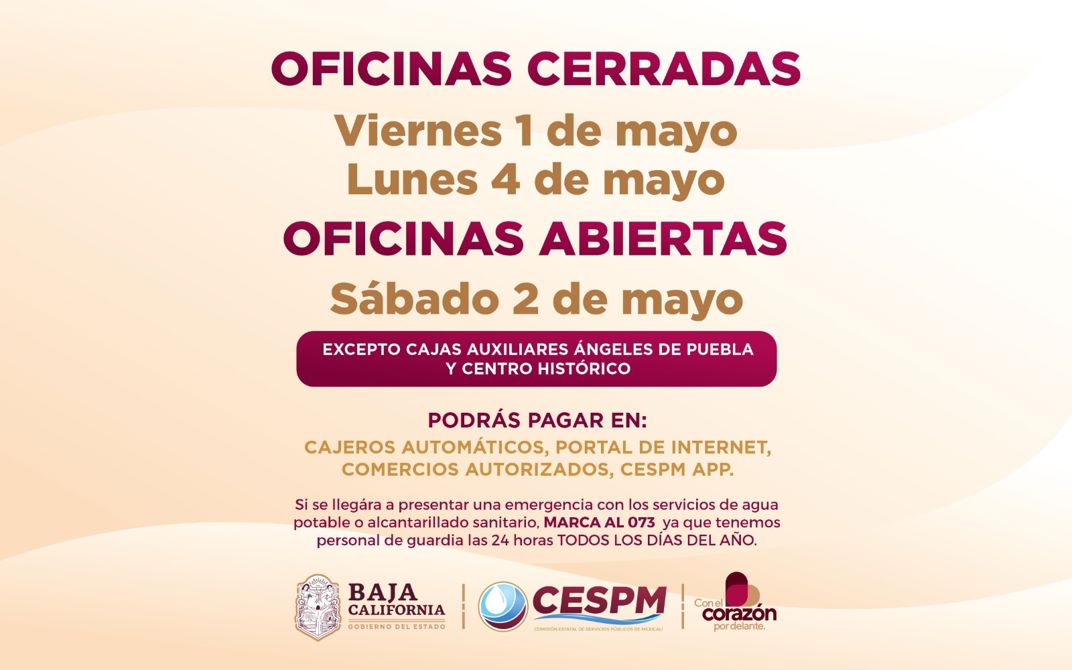 CESPM AJUSTA HORARIOS DE ATENCIÓN POR DÍAS FESTIVOS Y ABRIRÁ ESTE SÁBADO 2 DE MAYO