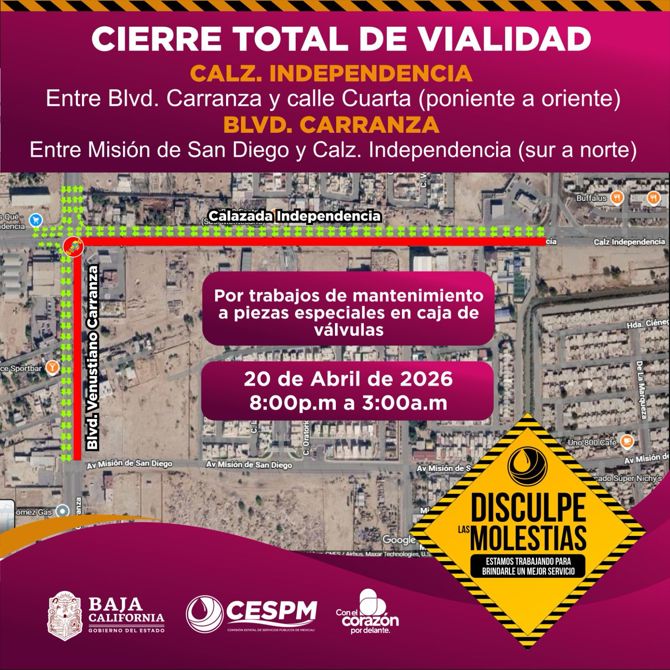 CESPM ANUNCIA CIERRE NOCTURNO EN LA CALZADA INDEPENDENCIA Y CARRANZA POR TRABAJOS DE MANTENIMIENTO