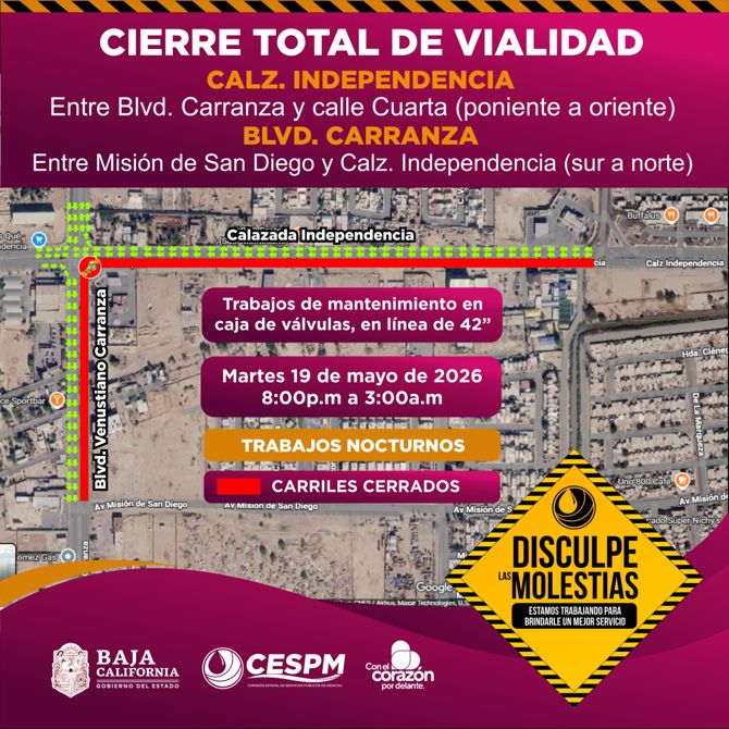 CESPM REALIZARÁ CIERRE TEMPORAL DE VIALIDADES POR TRABAJOS DE INSPECCIÓN Y MANTENIMIENTO