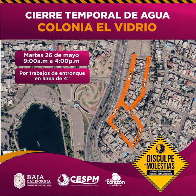 CESPM REALIZARÁ CIERRE TEMPORAL DE AGUA EN COLONIA EL VIDRIO POR TRABAJOS DE ENTRONQUE