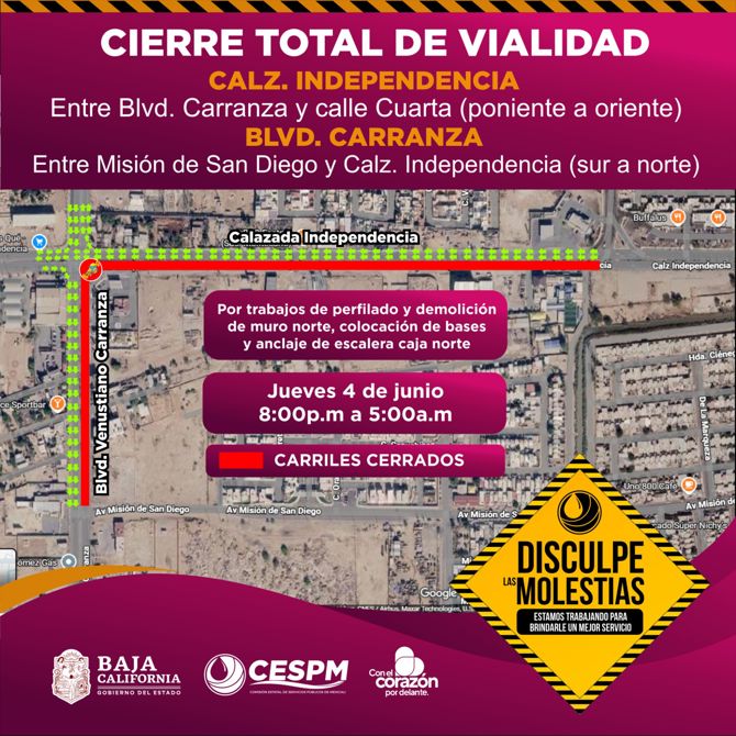 CESPM REALIZARÁ CIERRE VIAL NOCTURNO EN CALZADA INDEPENDENCIA Y BULEVAR CARRANZA POR OBRAS DE INFRAESTRUCTURA